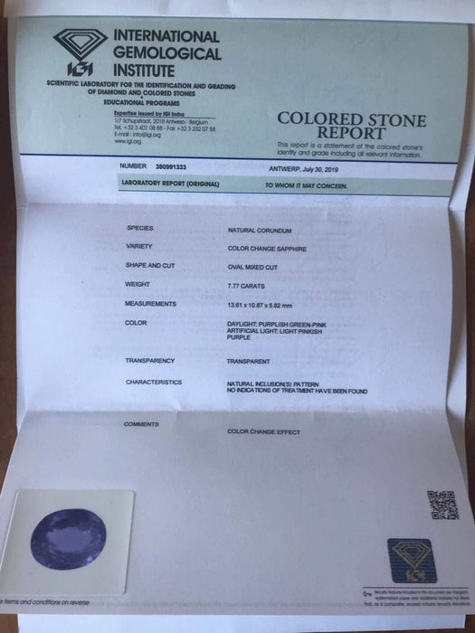 Gemstone Saphir changement de couleur non chauffé 7,77cts certificat IGI 58 Facettes 460