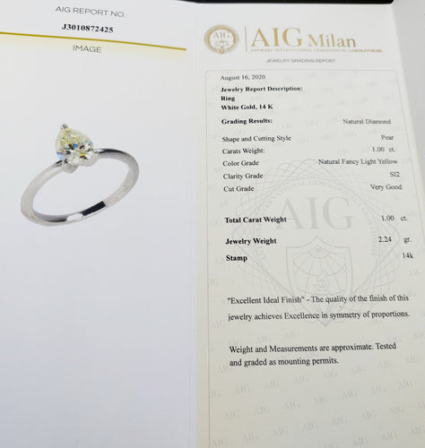 Bague 48.5 Bague solitaire or blanc et diamant Fancy Light Yellow, certificat AIG 58 Facettes A05697