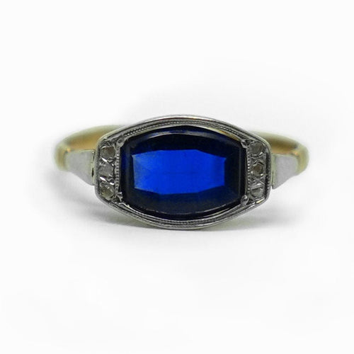 Bague 55 Bague ancienne or rose, platine, diamants, pierre bleue 58 Facettes