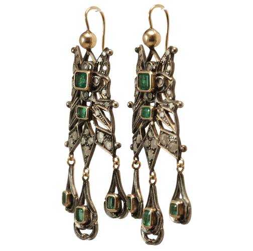 Boucles d'oreilles Boucles d'oreilles catalanes anciennes en or, diamants et émeraudes 58 Facettes 7686