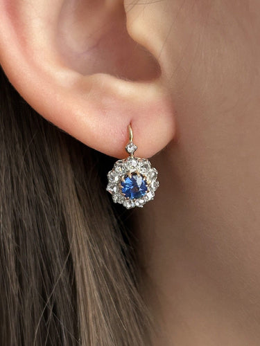 Boucles d'oreilles Boucles d’oreilles dormeuses Belle Époque en or rose, platine, saphirs et diamants 58 Facettes