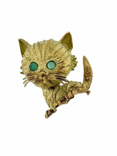 Broche Broche italienne rétro en forme de chat en or rose, blanc et jaune avec émeraudes 58 Facettes