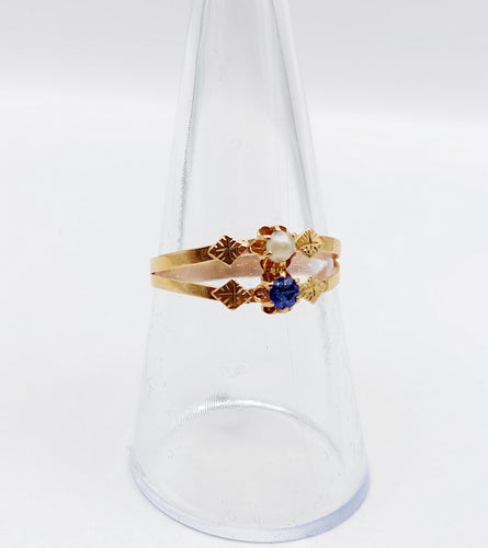 Bague 57 Bague toi et moi antique en or rose 18k perle et pierre bleue 58 Facettes A06504