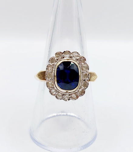 Bague 60 Bague pompadour Art Déco or et platine, saphir synthétique de 3,00 carats, diamants taille rose (circa 1920) 58 Facettes A04827