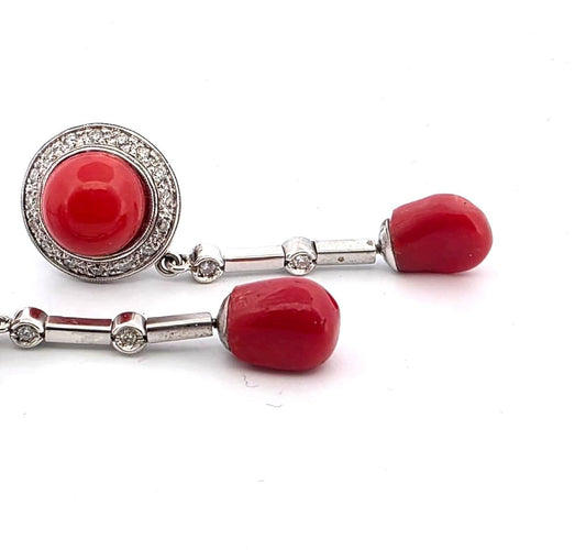 Boucles d'oreilles Superbes boucles d'oreilles en or blanc 18 carats avec corail et diamants 58 Facettes