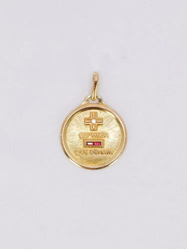 Pendentif Médaille amour Augis ronde Plus qu'hier moins que demain or jaune diamant rubis 58 Facettes J545