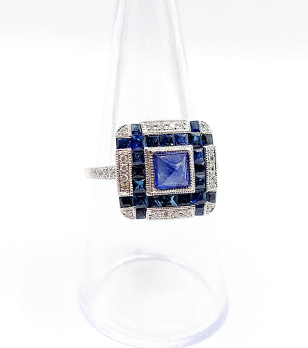 Bague Art Déco Platine, saphir pain de sucre et diamants, Branar Paris 58 Facettes A06224