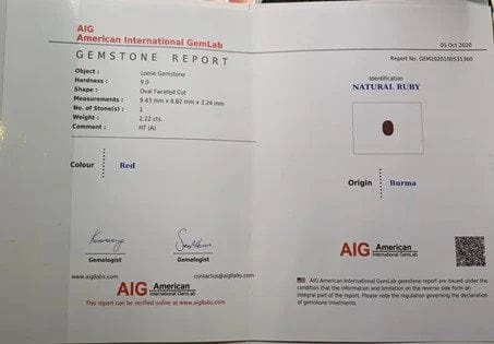 Gemstone Rubis 2.22cts Birmanie sang de pigeon certificat AIG 58 Facettes 488