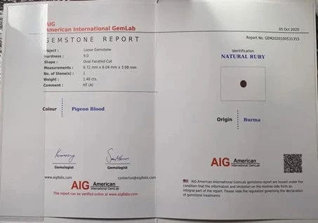 Gemstone Rubis 1.40cts Birmanie sang de pigeon certificat AIG 58 Facettes 489