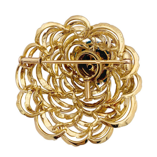 Broche Clip vintage Cartier, or jaune et turquoises. 58 Facettes 33462