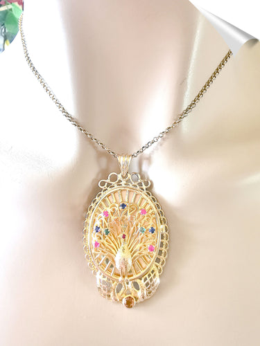 Pendentif Pendentif Paon Pierres de couleur Or Jaune 18 K 58 Facettes AA 1566