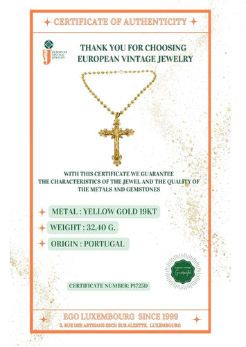 Pendentif Crucifix portugais traditionnel fabriqué à la main avec chaîne en or jaune 19 carats 58 Facettes