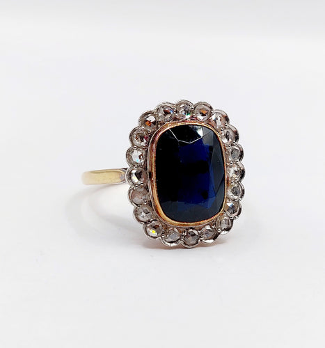 Bague 59 Bague pompadour art deco or jaune 18k pierre bleue et diamant taille rose (circa 1900) 58 Facettes A06202