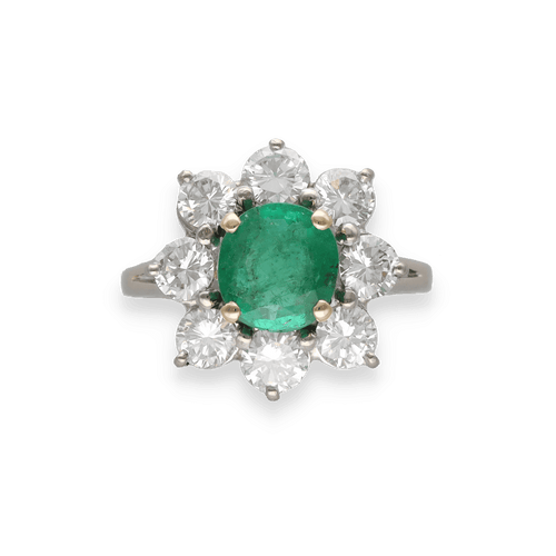Bague en or gris 18K avec emeraude de Colombie 1,00 ct et 1,60 ct de diamants - Vers 1970 - Taille 51-52