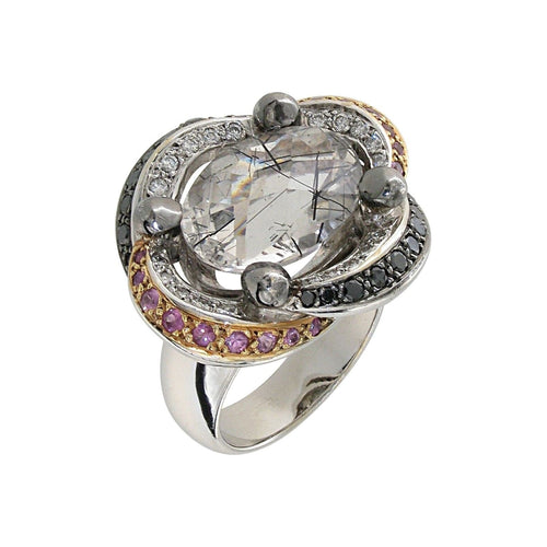 Bague Saphirs roses et diamants blancs et noirs