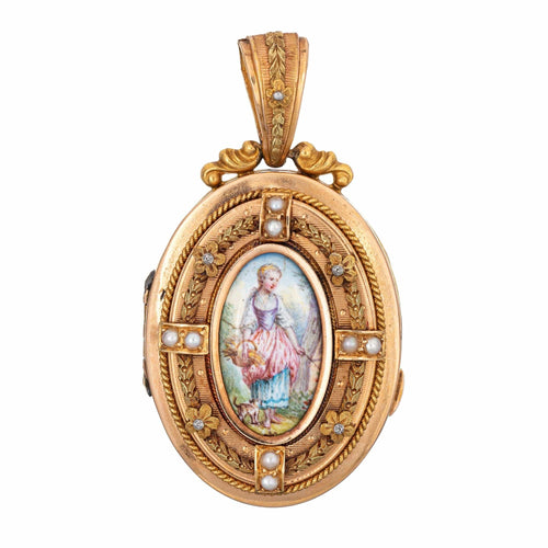 Pendentif Médaillon portrait victorien ancien en or jaune avec perles 58 Facettes G12449