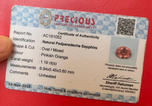 Gemstone Sapphire padpardscha 1.19cts certificate PRECIOUS 58 Facettes 443
