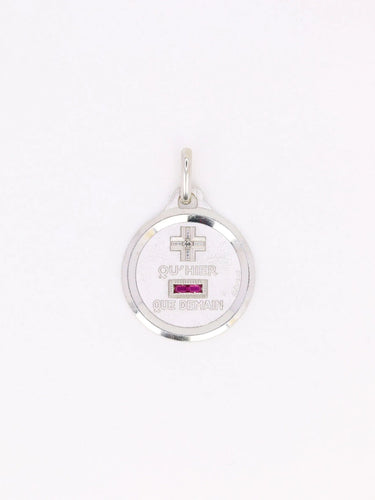 Pendentif Médaille amour AUGIS ronde or blanc Plus qu'hier moins que demain diamant rubis 58 Facettes J630