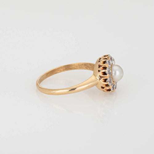 Antique Victorian Ring Pearl Mine Cut Diamond Cluster 14k Yellow Gold Halo 58 Facettes G13660