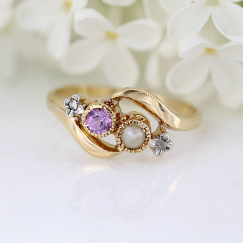 Bague 56 Bague toi et moi perle fine saphir rose et diamants 58 Facettes 09-036