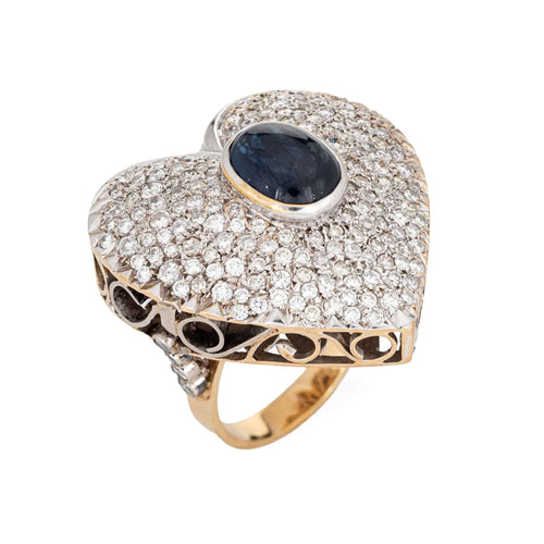 Bague 1960s Huge Heart Ring 2.50ct Pave Diamond Sapphire 18k Yellow Gold Sz 8 58 Facettes G12439
