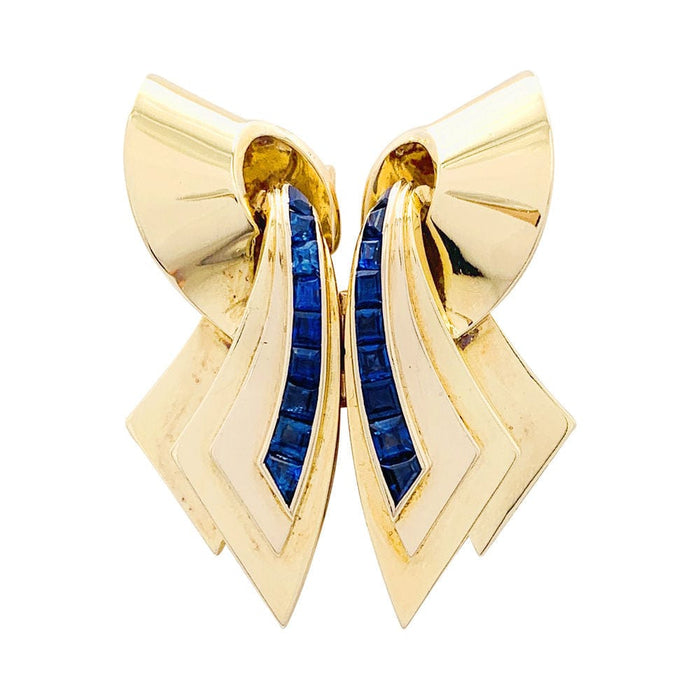 Broche Broche vintage "Ruban" double clips or rose, pierres bleues. 58 Facettes 33781