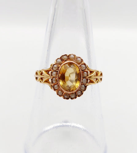 Bague marguerite antique citrine et perles en or rose 18k (circa 1900)
