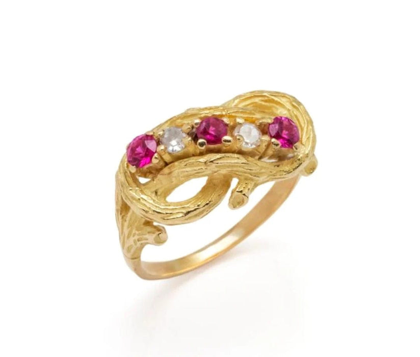 Bague 56 Bague Vintage Branchages Diamants Pierres Rouges Or Jaune 18 Carats 58 Facettes B374