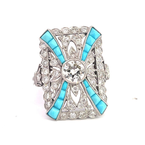 Bague 55 Platinum Art Déco Style Diamond Turquoise Ring 58 Facettes
