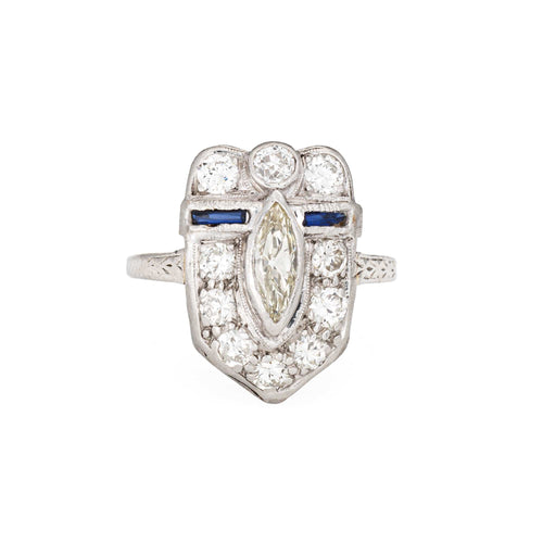 Bague 51 Vintage 1920's Art Déco Platinum, Diamond, Sapphire Ring 58 Facettes G14026
