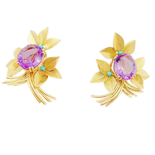 Boucles d'oreilles Boucles d'oreilles vintages, or jaune, améthystes, turquoises. 58 Facettes 31336