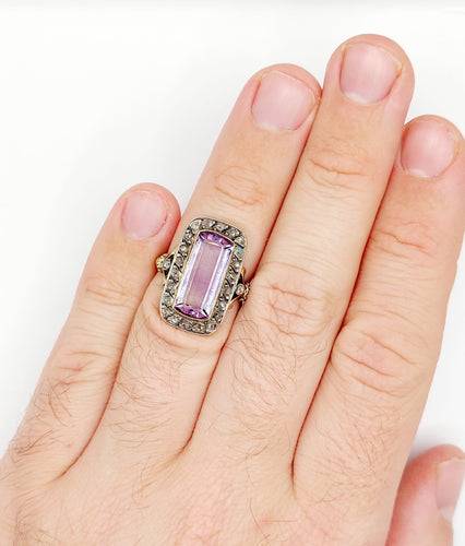 Bague 52.5 Bague marquise victorienne améthyste et diamants taille rose en or 18k et argent 58 Facettes A06427