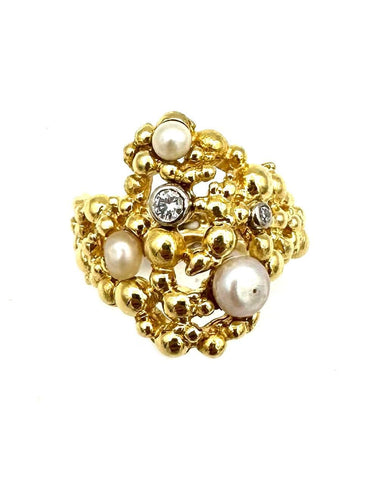 Bague 51 GILBERT ALBERT. Bague or jaune 18K, perles et diamants 58 Facettes