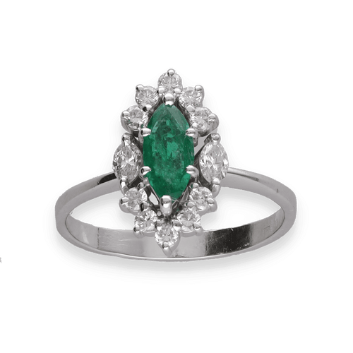 Bague 53 Bague en or gris 18K avec emeraude marquise 0,50 ct et diamants brillants & navettes - Taille 53 58 Facettes FB09768