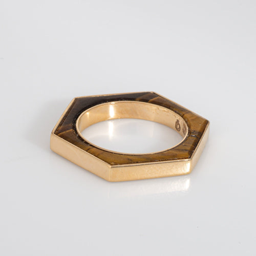 Bague Bague hexagonale taille 5,5, incrustée d'œil de tigre, or jaune 18 carats, anneau empilable, Estate 58 Facettes G13888