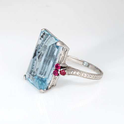 12ct Aquamarine Ruby Ring Platinum Sz 7.25 Cocktail Emerald Cut Fine Jewelry 58 Facettes G13868