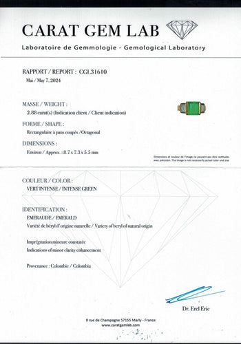 Bague 50-51 Bague en or jaune 18K avec emeraude de Colombie 2,88 cts et diamants baguette - Certificat Carat Gem Lab - Taille ajustable 58 Facettes FB09851