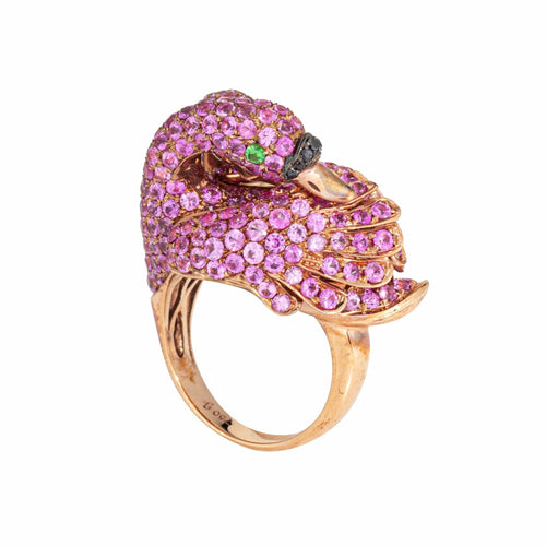 Bague Flamant Rose Double Or Rose et Saphir Rose