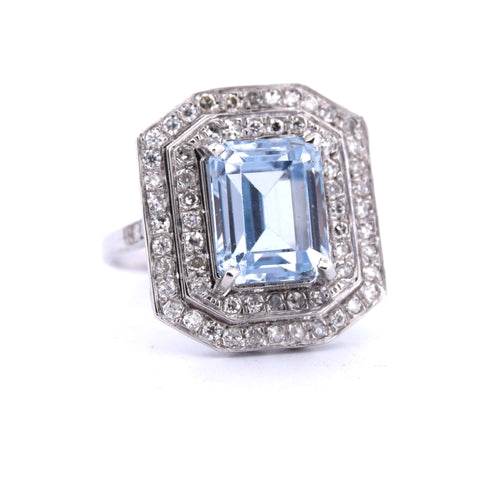 Bague 57 Bague Art Déco - Or blanc, aigue-marine et diamants 58 Facettes