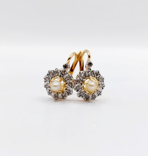 Dormeuses marguerite antique or 18k perle et diamants taille roses (circa 1900)