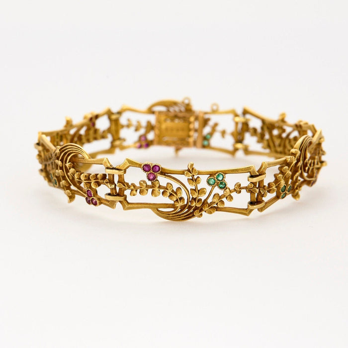 Bracelet BOUCHERON - Bracelet Art Nouveau rubis, émeraudes, or jaune 58 Facettes