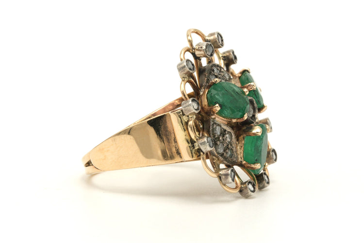 Bague 54 Bague Art Nouveau en or jaune 18 carats sertie d'émeraude et de diamants taille "rose" 58 Facettes A001