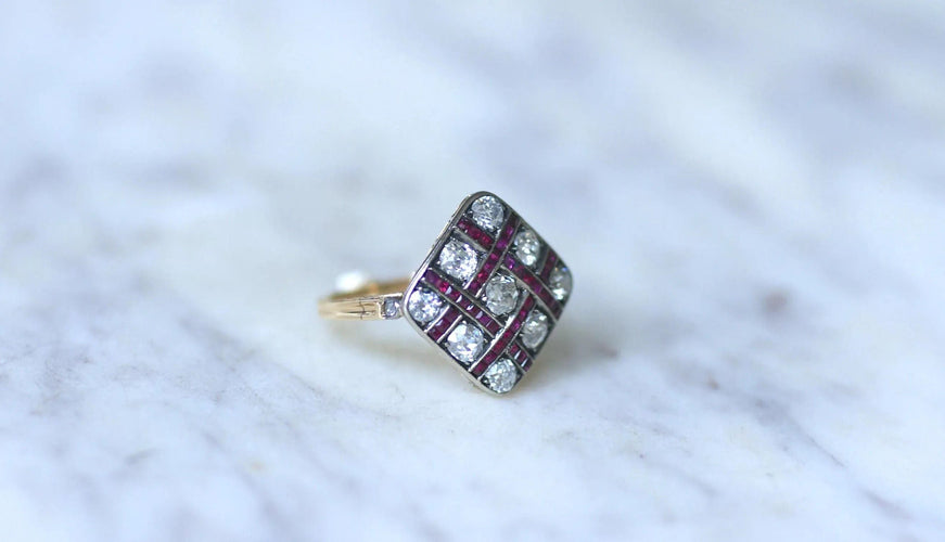 Bague 54 Bague ancienne Damier Diamants et Rubis Calibrés 58 Facettes