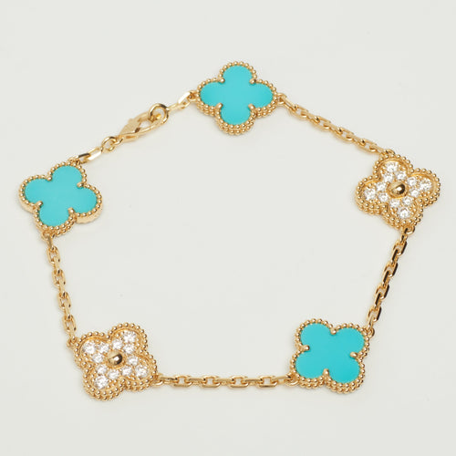 Bracelet Van Cleef & Arpels - EXTRA RARE Bracelet Vintage Alhambra 5 motifs turquoise et diamants 58 Facettes