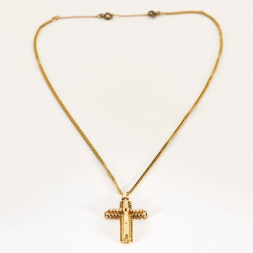 Collier Chaine maille gourmette or jaune et pendentif croix en or rose et perles 58 Facettes ROM1063