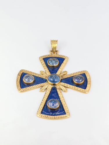Pendentif Pendentif croix pectorale or jaune émail cabochons de saphirs 58 Facettes 519