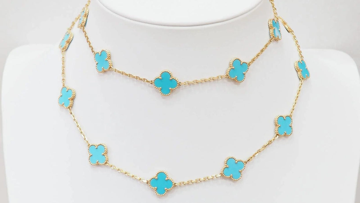 Collier VAN CLEEF & ARPELS - Sautoir Vintage Alhambra or jaune et turquoise 58 Facettes 32698