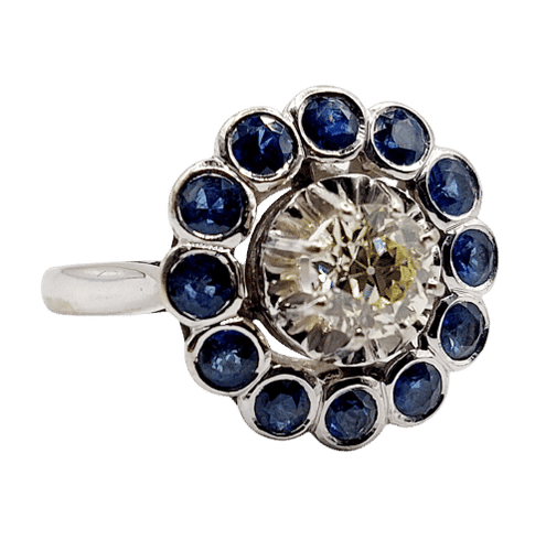 Bague 51.5 Bague marguerite Art Déco or blanc, diamant taille ancienne 0,65 carat et saphirs 58 Facettes A06329