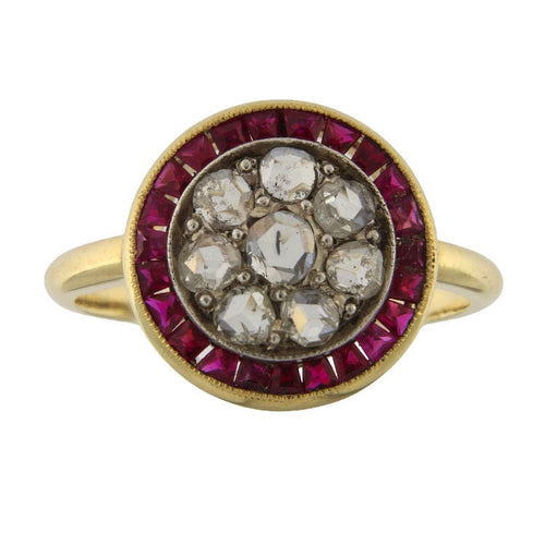 Bague 59.5 Bague en or jaune avec roses en diamant et pierres rouges 58 Facettes G3841