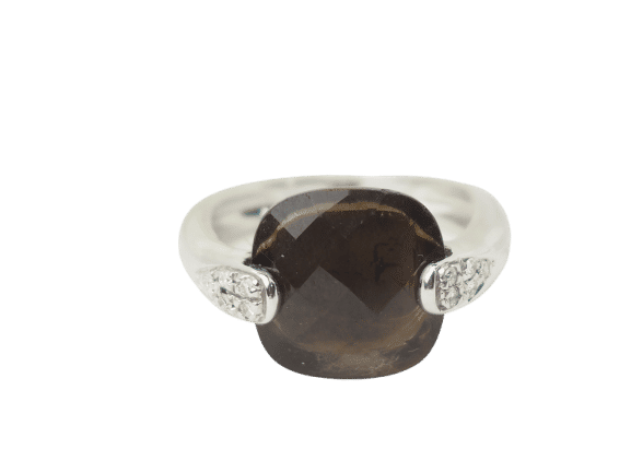 Bague en or blanc, quartz fumé et diamants